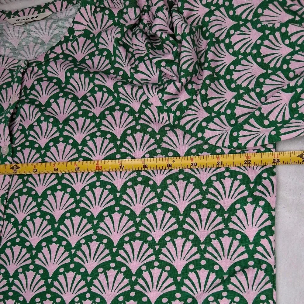 Boden Dolly Puff Sleeve Jersey Shirt Floral Fan Button-up Cotton Tencel US 14